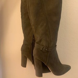 Grey thigh high boots with 3 1/3 inch heel